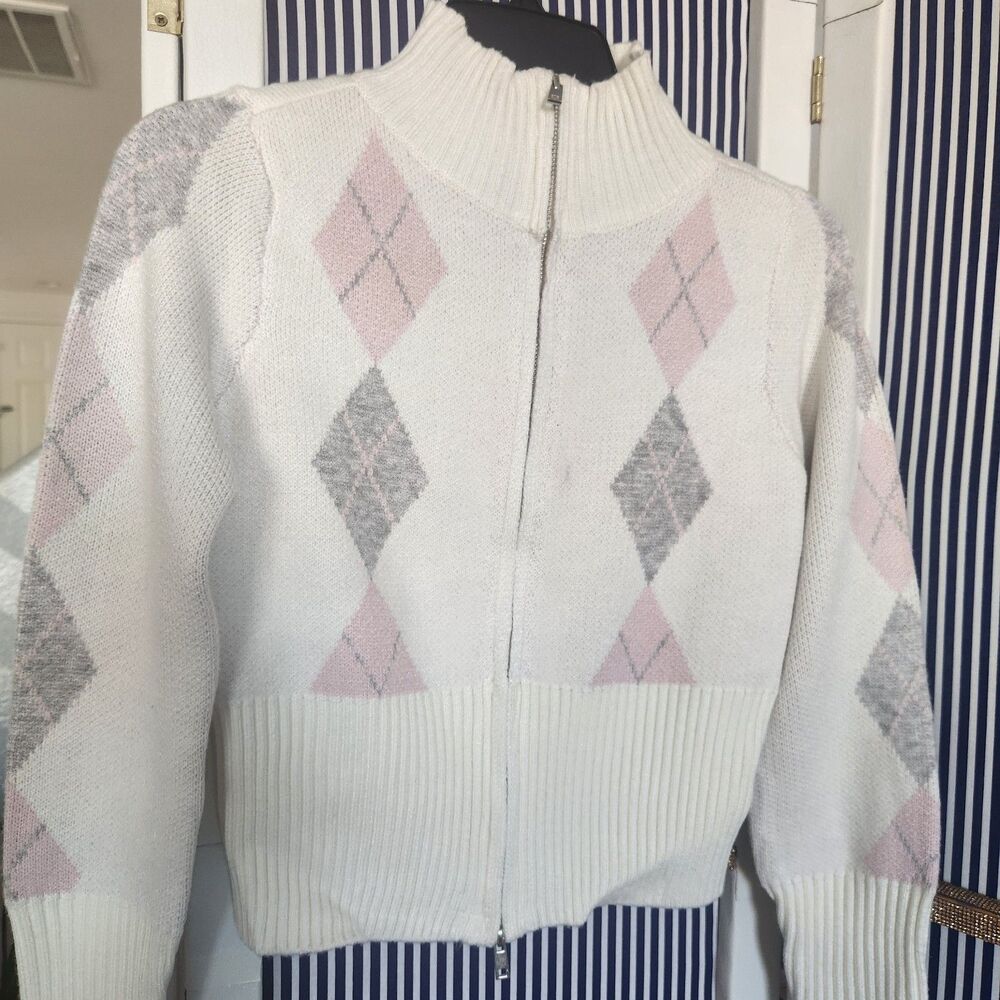 NWT Derek Heart Pink/ Grey Cream Argyle Zip Cropped Cardigan Size S